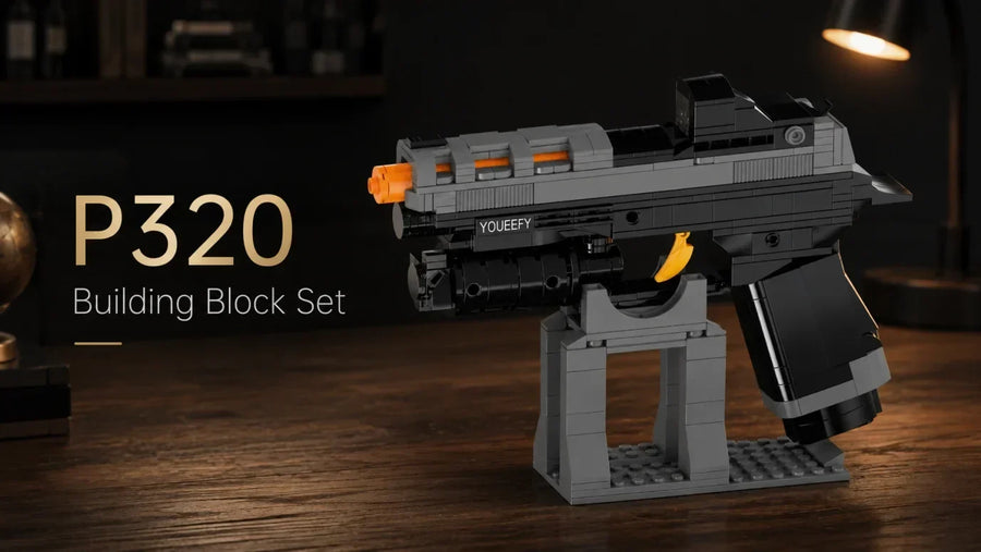 P320 pistol model building block set displayed on wooden table with display stand