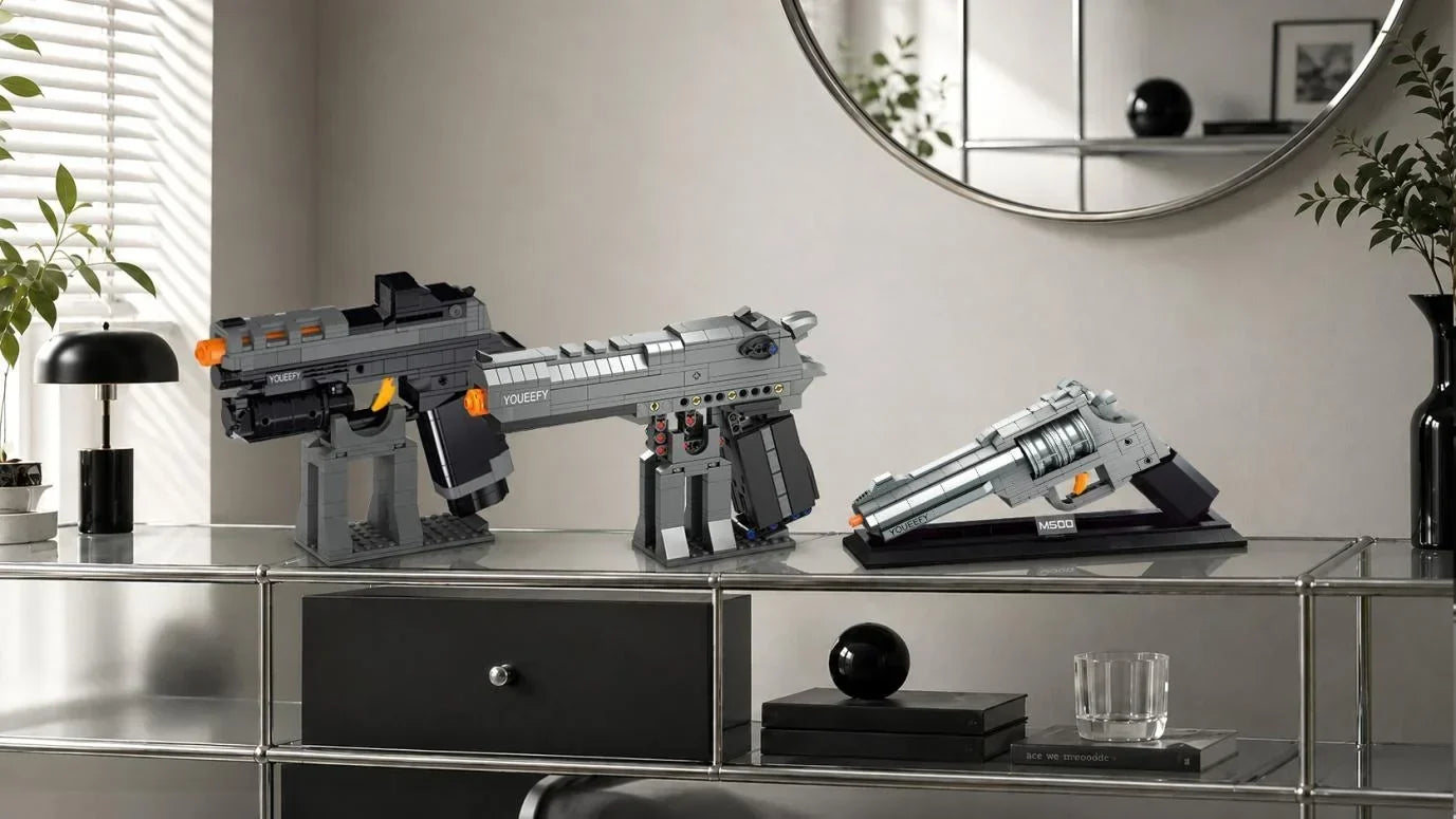 Collection of pistol building block model sets indoor display