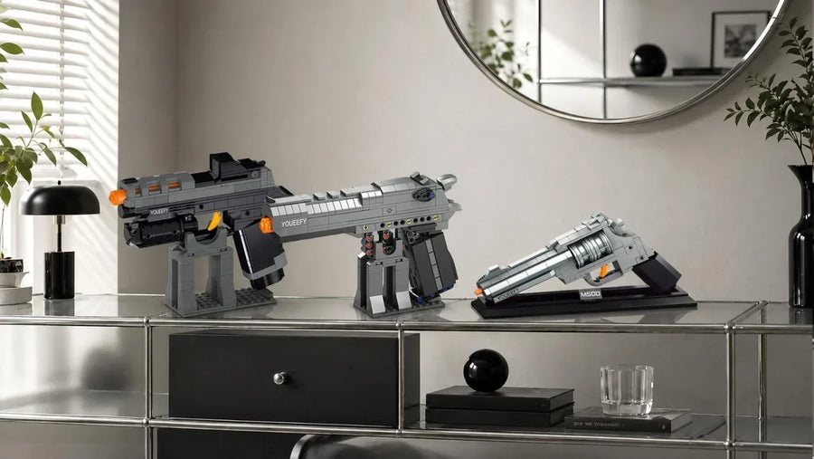Collection of pistol building block model sets indoor display
