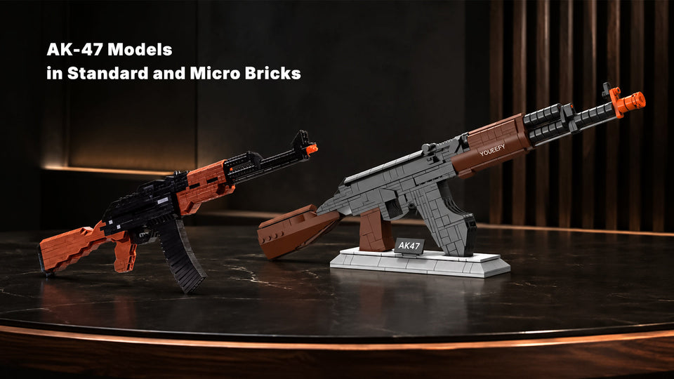 Standard-Brick and Micro-Brick AK-47 gun models displayed side by side on stands