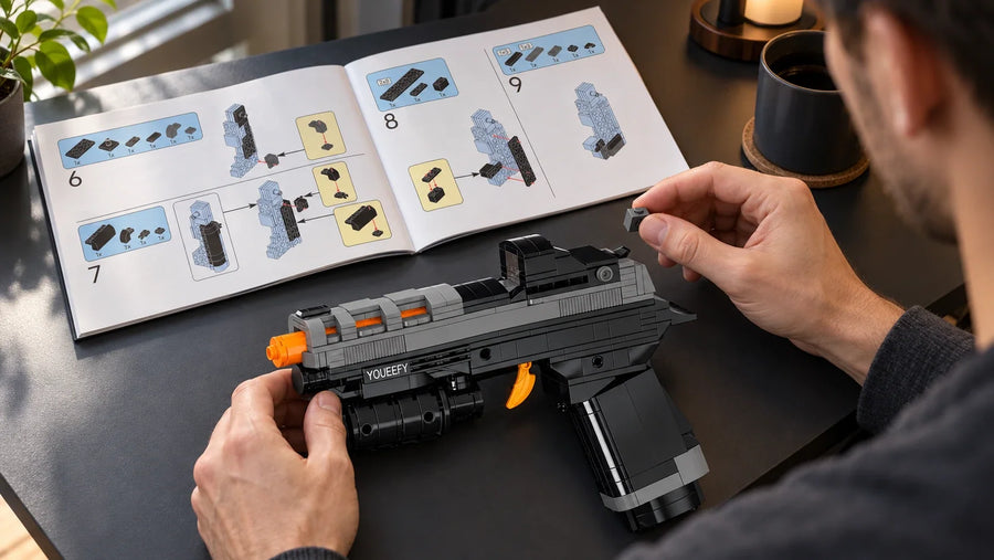 Adult assembling a brick pistol model beside an open instruction manual
