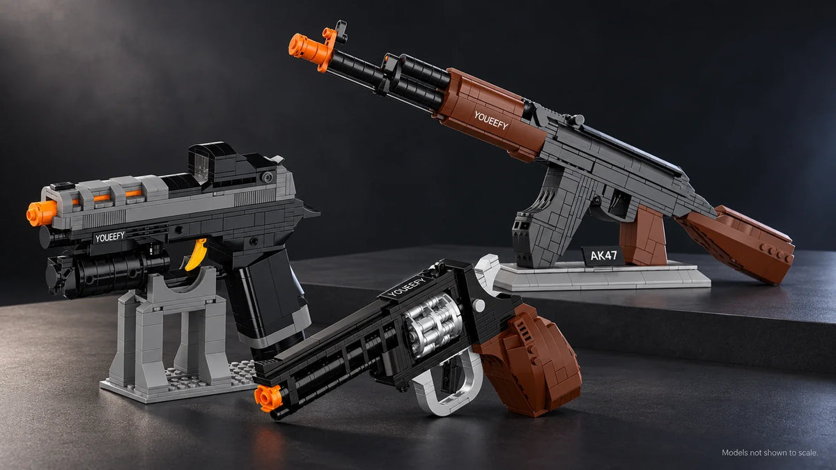 Brick pistol, revolver, and AK-47 models showing different silhouettes