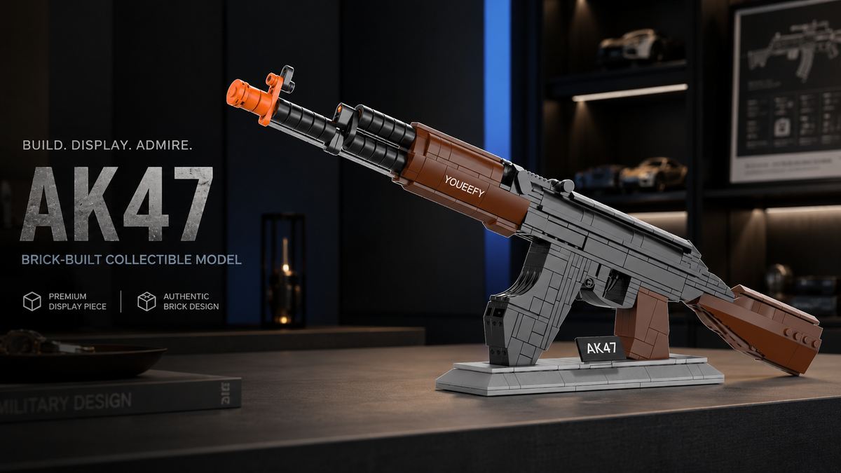 YOUEEFY AK47 brick-built collectible model on a display stand with detailed brown and black construction.