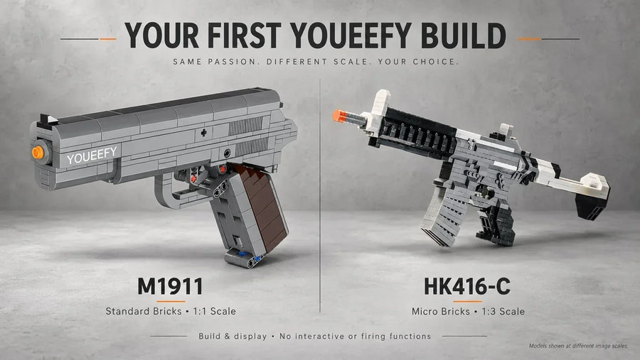 Side-by-side comparison of standard-brick M1911 and micro-brick HK416-C builds