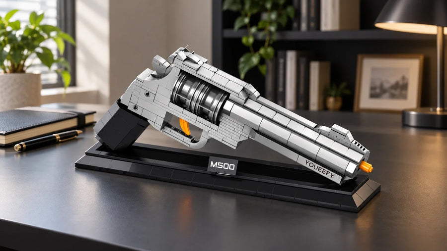 Silver M500 brick revolver on a black display stand on a desk