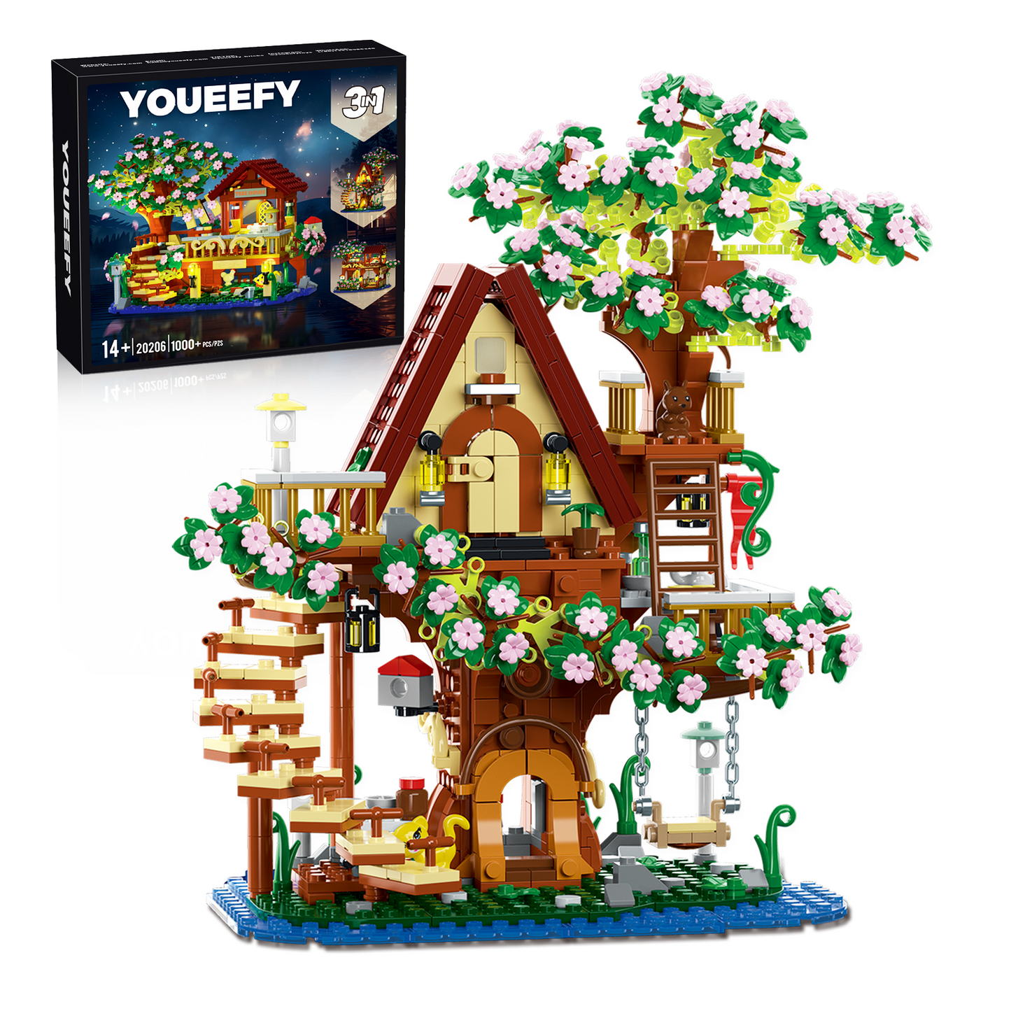 3 in 1 Cherry Blossom Tree House Building Blocks Set, 1000+PCS DIY Architecture Display Model Toy with Light