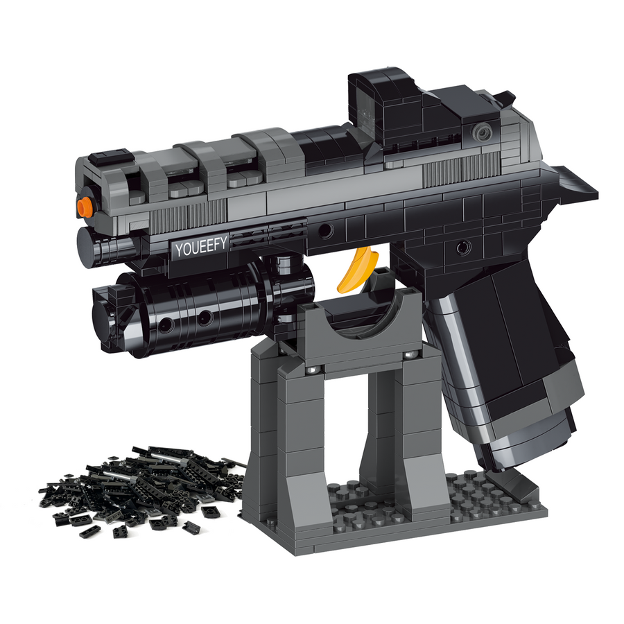 P320 pistol building block model on its display stand