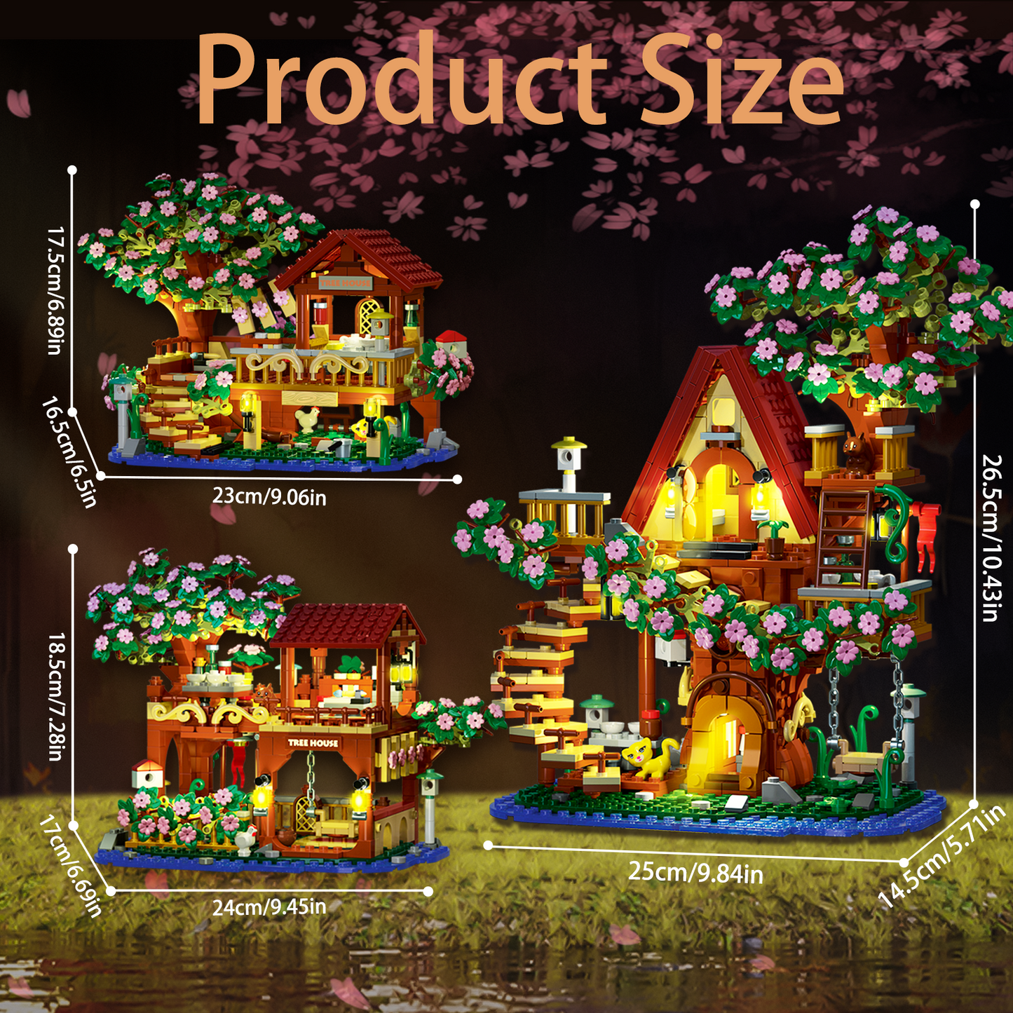 3 in 1 Cherry Blossom Tree House Building Blocks Set, 1000+PCS DIY Architecture Display Model Toy with Light