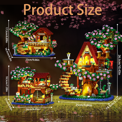 3 in 1 Cherry Blossom Tree House Building Blocks Set, 1000+PCS DIY Architecture Display Model Toy with Light