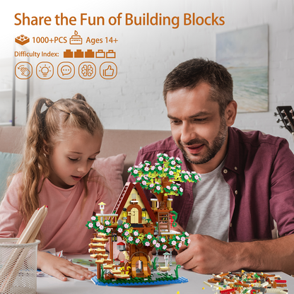 3 in 1 Cherry Blossom Tree House Building Blocks Set, 1000+PCS DIY Architecture Display Model Toy with Light