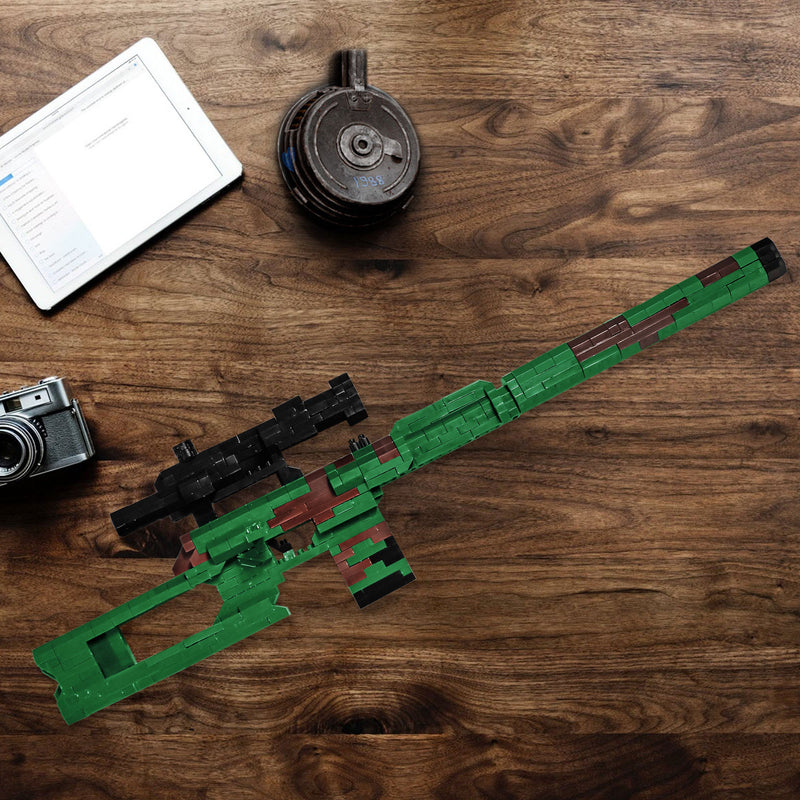 VSK-94 micro brick sniper model displayed on a wooden desk