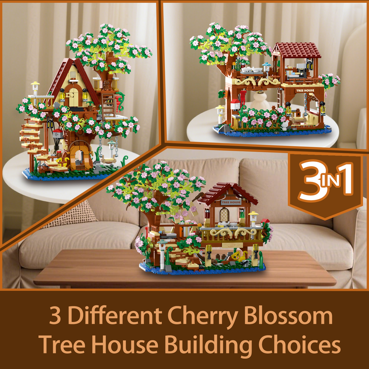 3 in 1 Cherry Blossom Tree House Building Blocks Set, 1000+PCS DIY Architecture Display Model Toy with Light