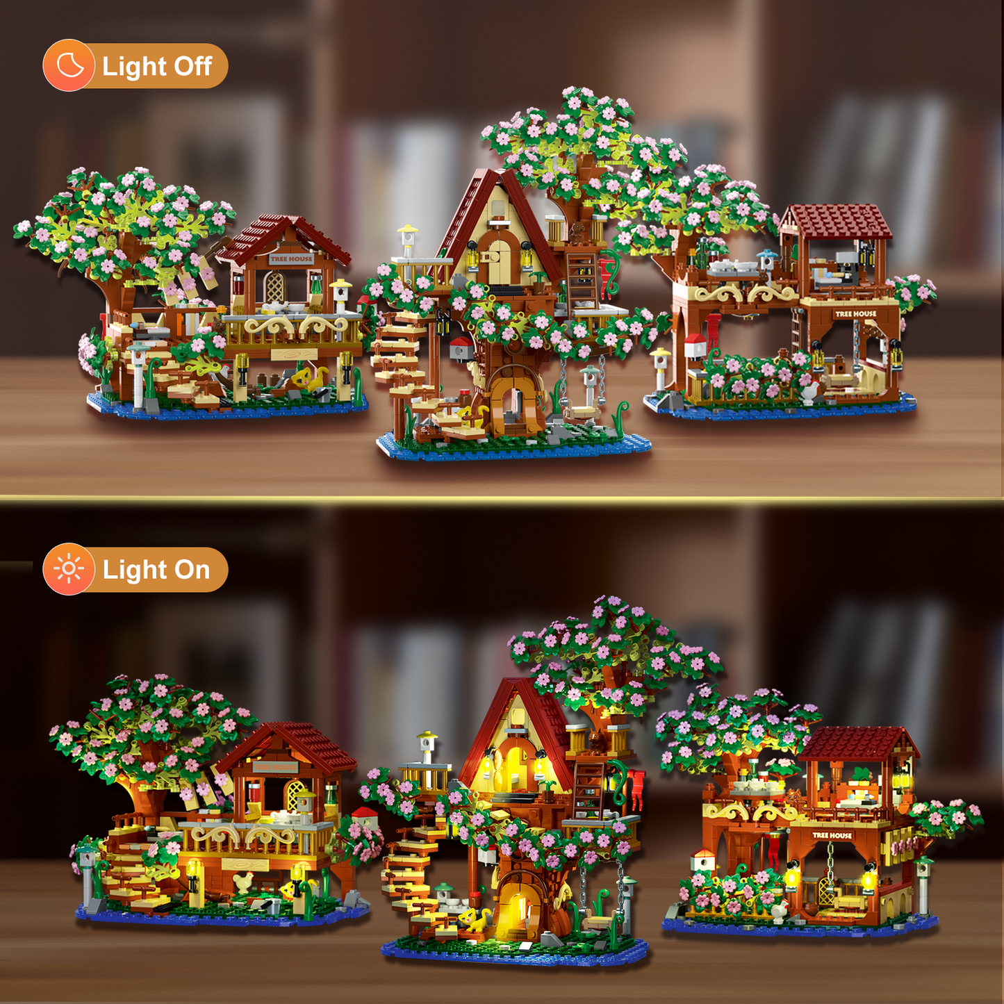 3 in 1 Cherry Blossom Tree House Building Blocks Set, 1000+PCS DIY Architecture Display Model Toy with Light