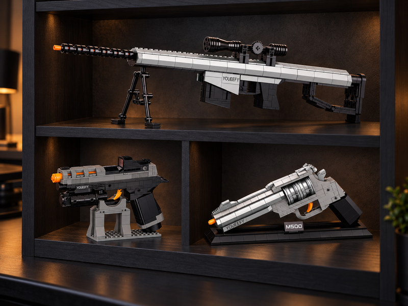 YOUEEFY brick rifle, pistol and M500 revolver models arranged on a dark display shelf