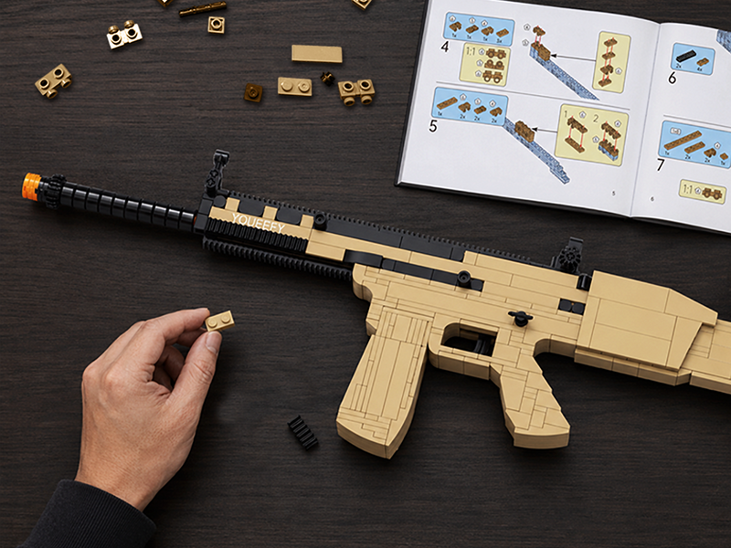 Hand holding a tan brick beside a YOUEEFY tan and black brick rifle model, loose pieces and illustrated