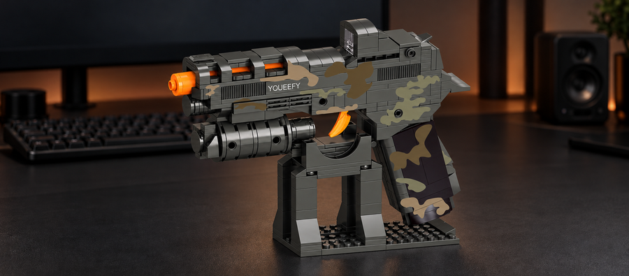 YOUEEFY gray camouflage brick pistol model with an orange muzzle and trigger on a display stand