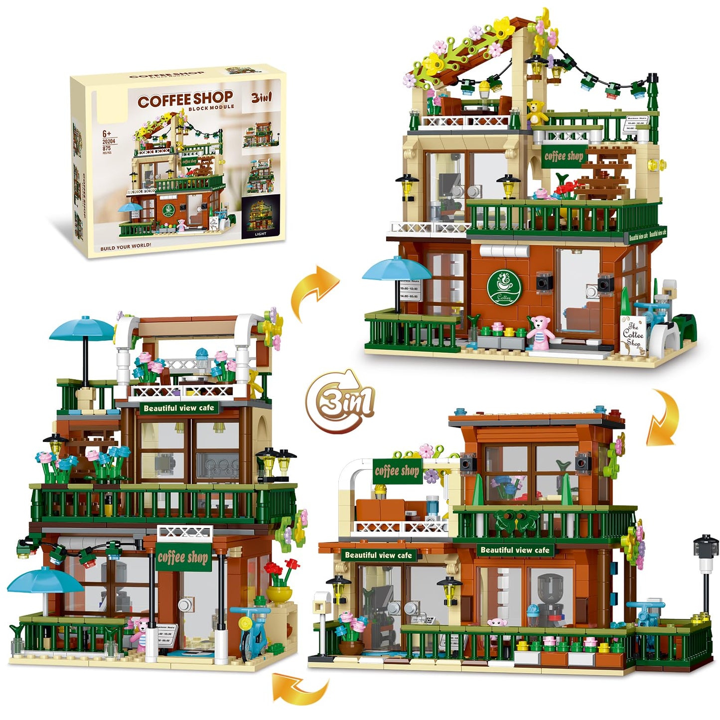 3 in 1 Coffee Shop Building Blocks Set, 1000+ PCS DIY Architecture display Model Toy with LED Lights