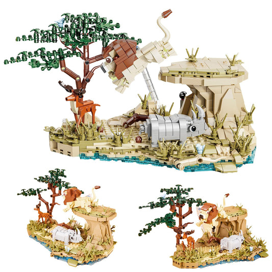 Tropical Savanna Forest Building Toy Set with Lion, Rhinos & Deer