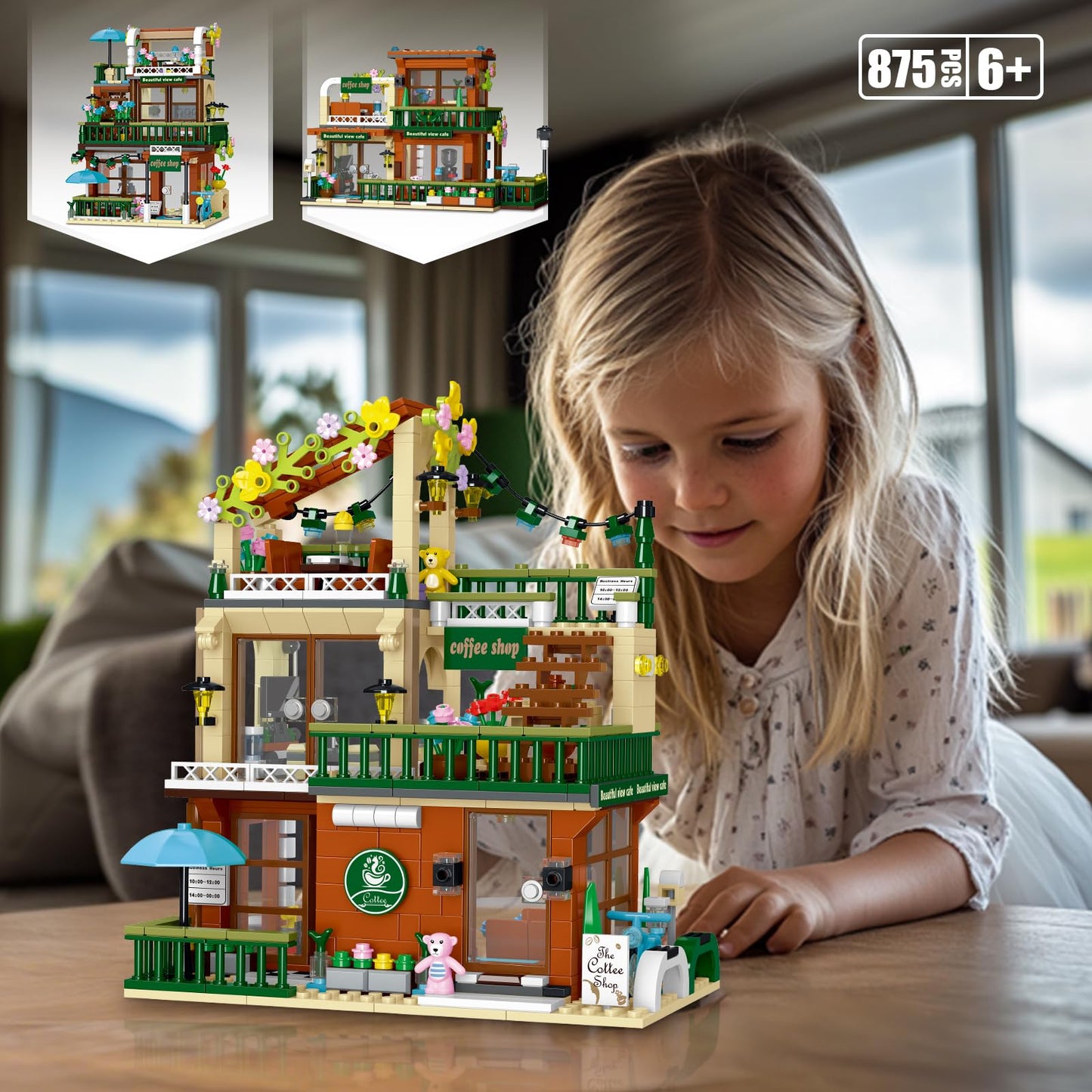 3 in 1 Coffee Shop Building Blocks Set, 1000+ PCS DIY Architecture display Model Toy with LED Lights