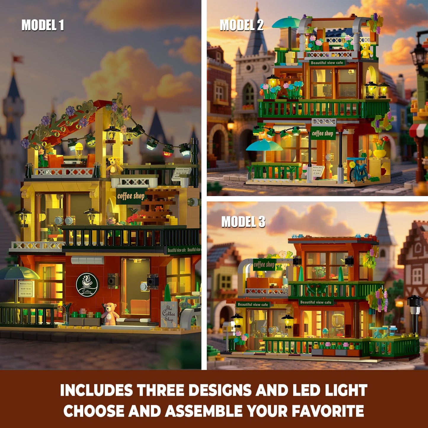 3 in 1 Coffee Shop Building Blocks Set, 1000+ PCS DIY Architecture display Model Toy with LED Lights