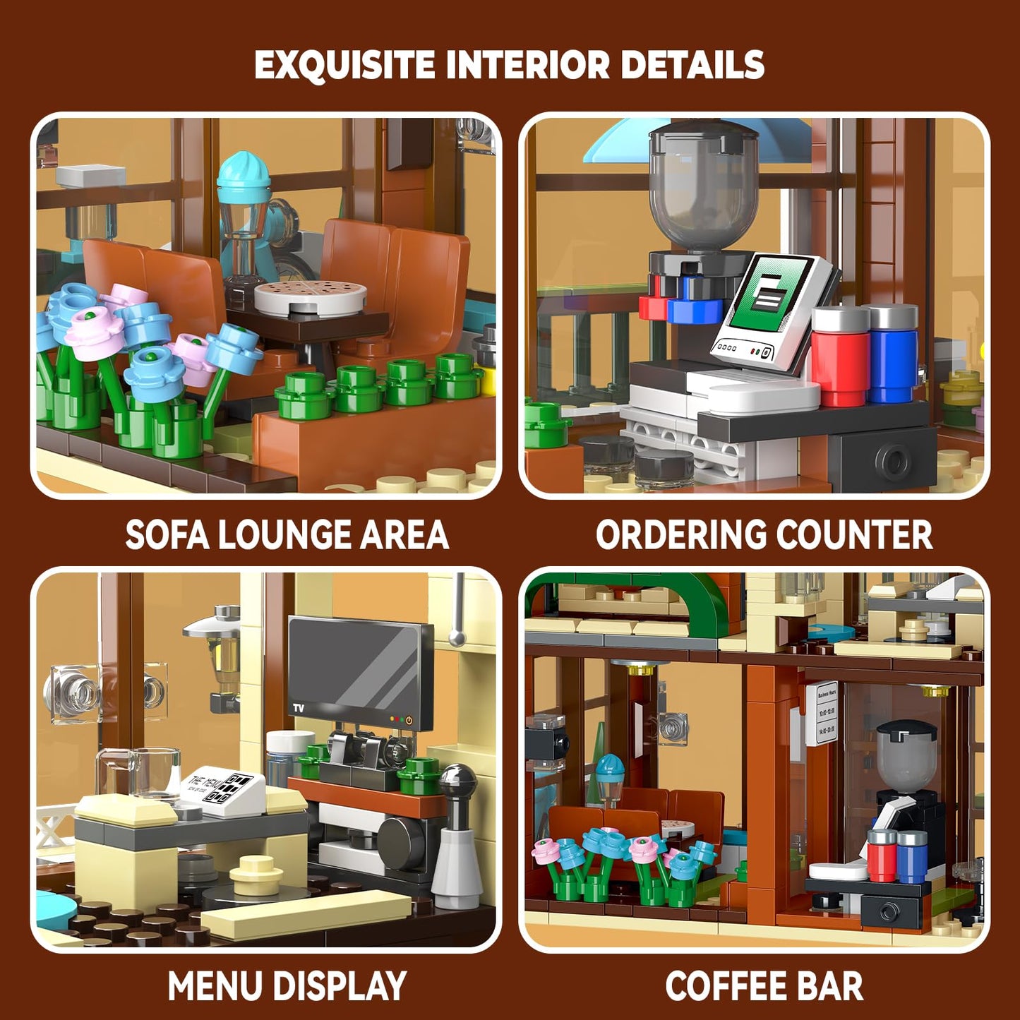 3 in 1 Coffee Shop Building Blocks Set, 1000+ PCS DIY Architecture display Model Toy with LED Lights