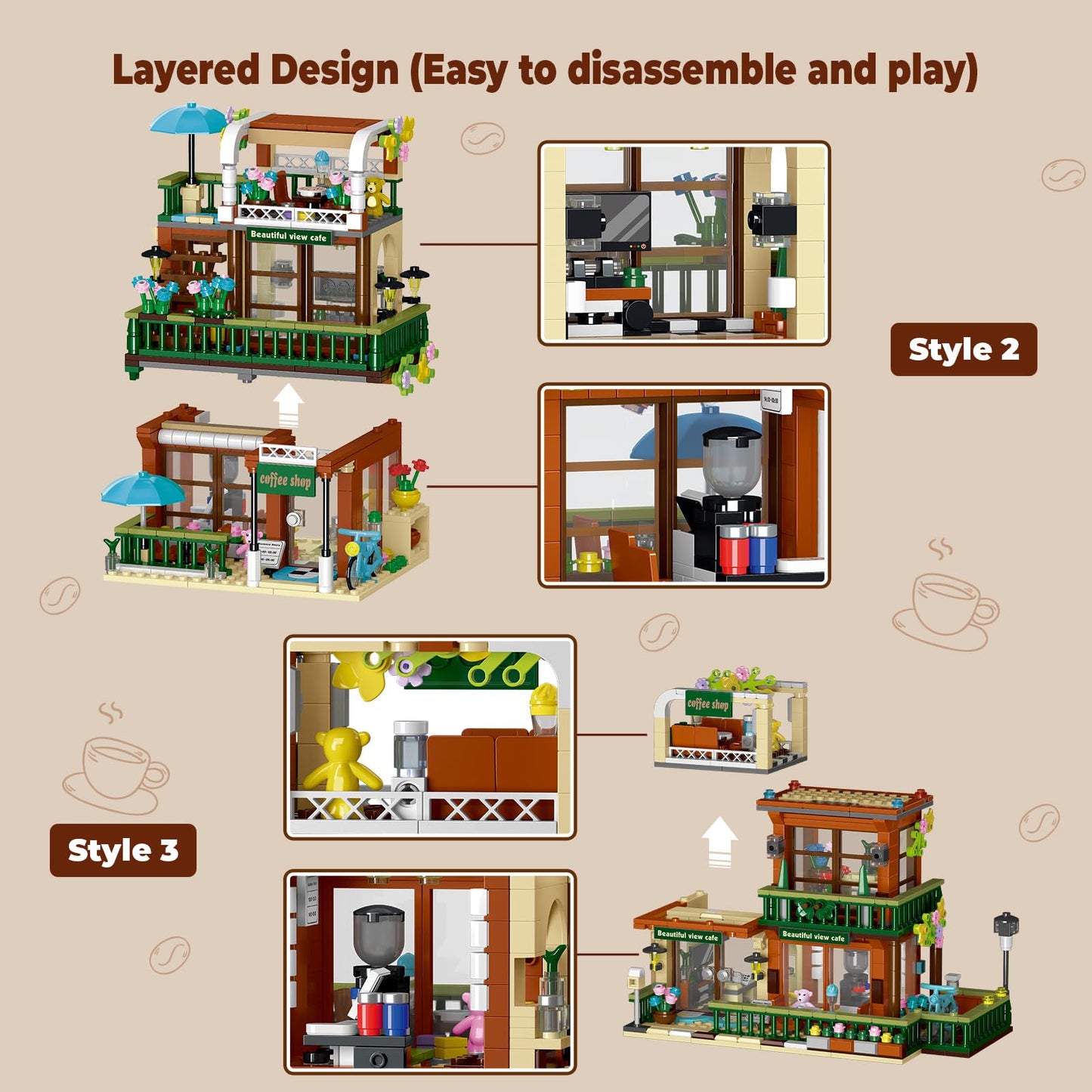 3 in 1 Coffee Shop Building Blocks Set, 1000+ PCS DIY Architecture display Model Toy with LED Lights