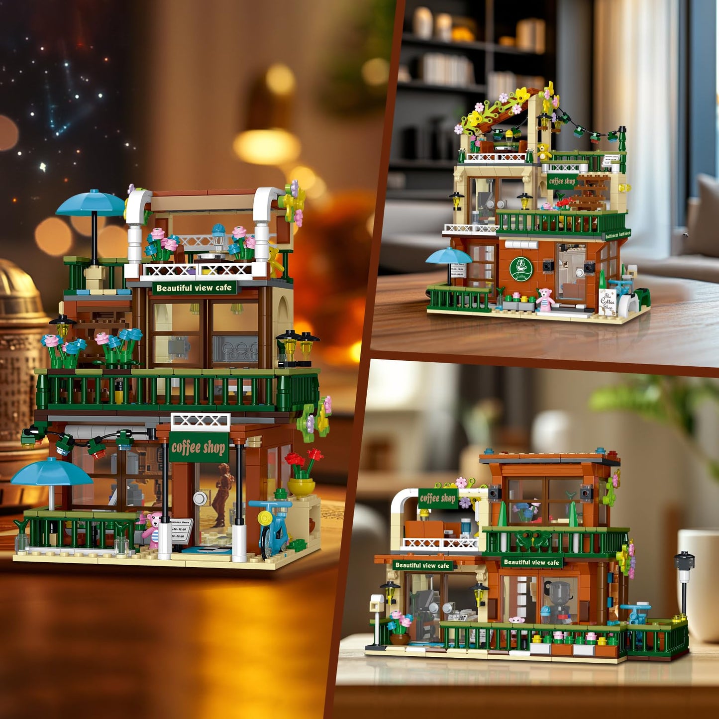 3 in 1 Coffee Shop Building Blocks Set, 1000+ PCS DIY Architecture display Model Toy with LED Lights