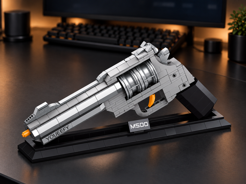 YOUEEFY silver M500 brick revolver model with an orange muzzle and trigger on a black display stand
