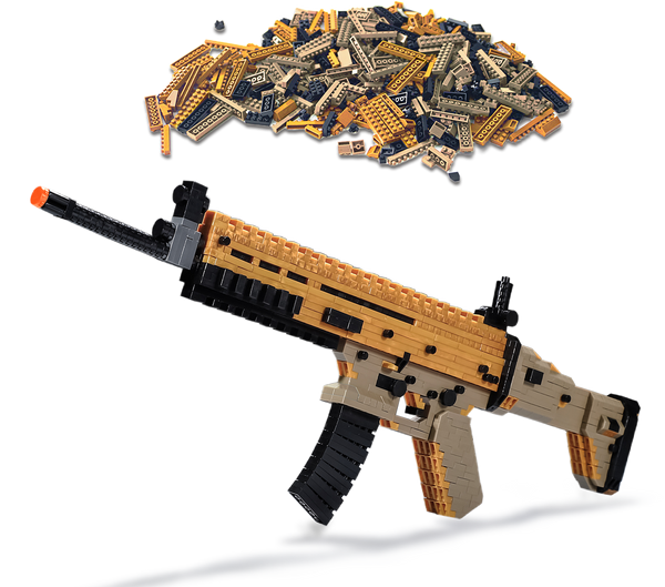 YOUEEFY tan and black micro brick rifle model with an orange muzzle beside a pile of loose bricks